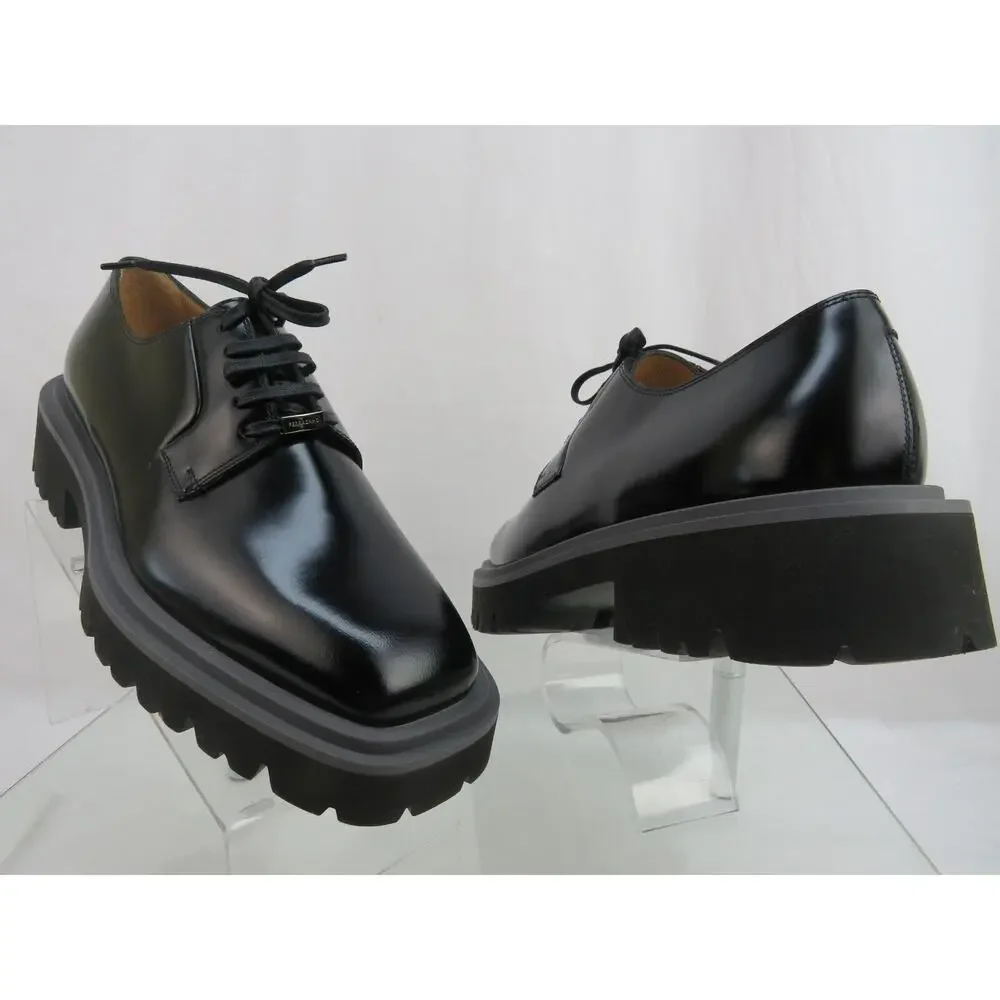 NIB FERRAGAMO FLICKER BLACK LEATHER LOGO PLATFORM LUG SOLE OXFORDS 9 M - Picture 4 of 13